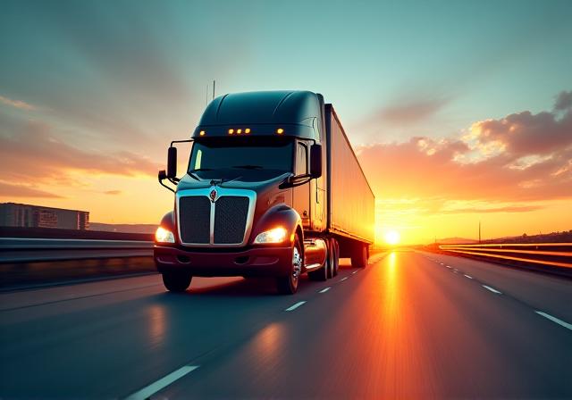 Modern logistics truck on the road at sunset