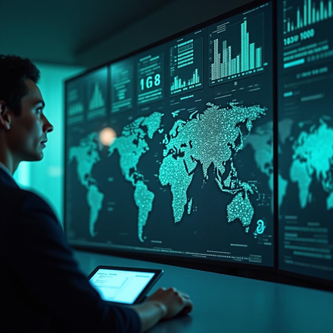 Futuristic logistics control center with data visualization